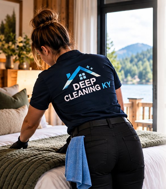 Deep Cleaning KY technician making a bed with fresh linens in a short-term rental bedroom