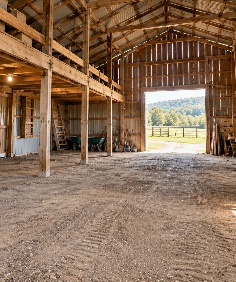 Empty barn interior with a swept dirt floor and the main doors open to a pasture