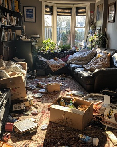 Living room with boxes, bedding and trash covering the floor and furniture before a deep cleaning