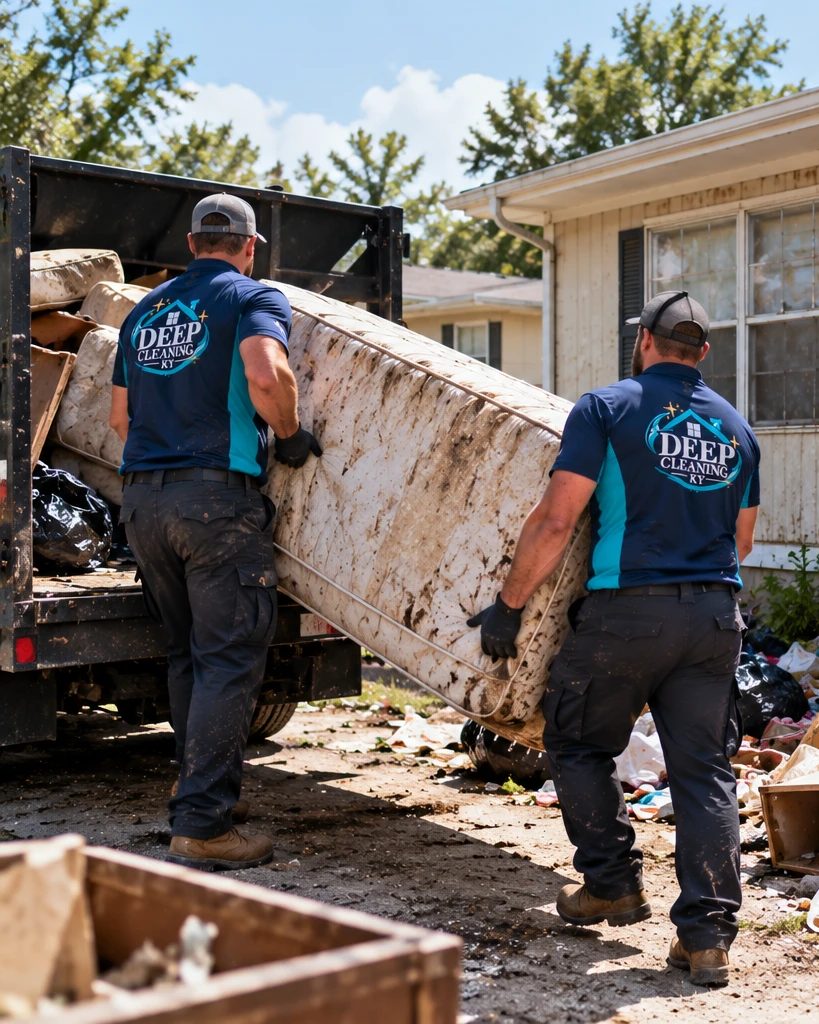 Two crew members in Deep Cleaning KY shirts loading a mattress into a work truck during a haul-off