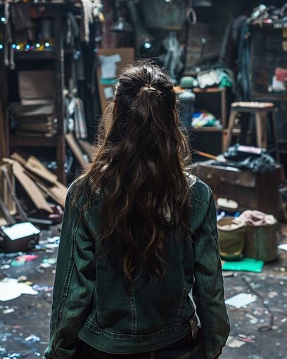 Person seen from behind, looking at a room full of clothing, boxes and stored belongings