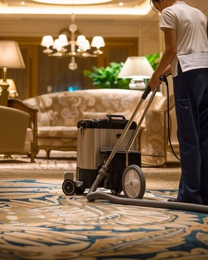 Technician vacuuming the carpet in a newly finished, upscale lounge