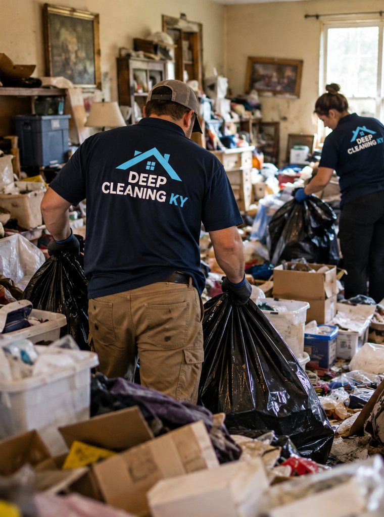 Deep Cleaning KY crew bagging and removing household items during a cleanup