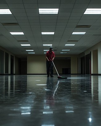 Technician mopping a long, empty office corridor after hours