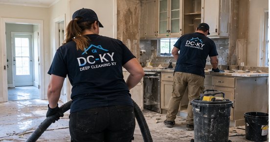 Deep Cleaning KY technicians vacuuming drywall dust and clearing debris in a remodeled kitchen