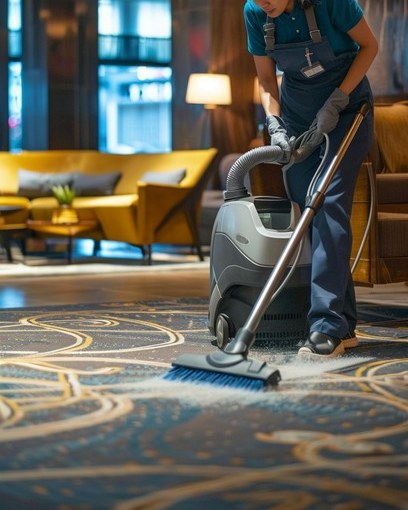 Technician vacuuming a patterned carpet while resetting a lounge area