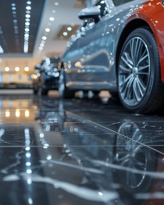 Polished dealership showroom floor reflecting the lights and parked vehicles