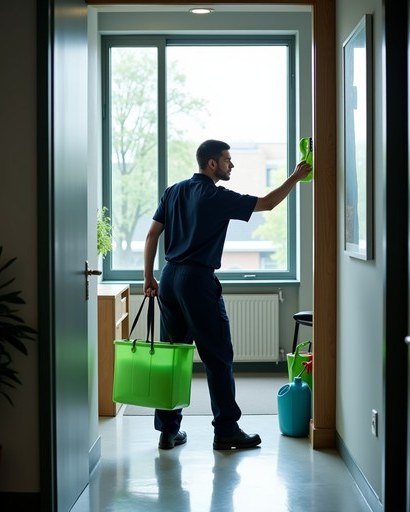 Technician in a navy uniform cleaning an apartment window, carrying a supply basket