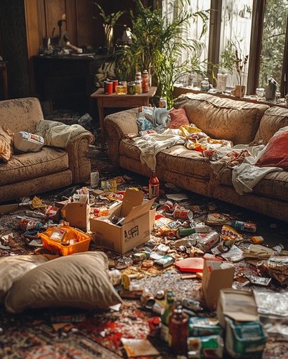 Rental living room left with trash, boxes and belongings across the floor and furniture