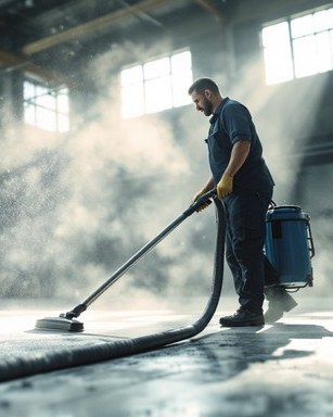 Technician vacuuming heavy dust from a large warehouse floor